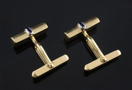 A pair of 18ct gold and sapphire demi-lune baton cufflinks, gross 16 grams.